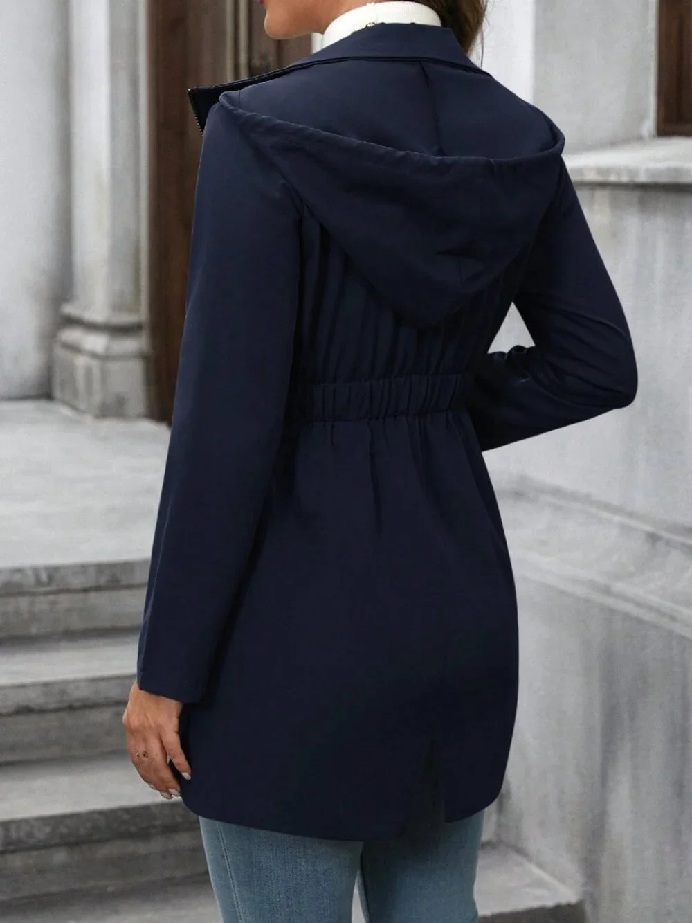 Navy Blue Casual Women's Cinched Waist Mid-Length Trench Coat